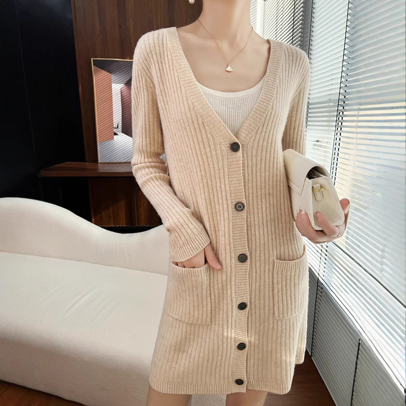 Versatile and Elegant Cashmere Cardigan for Women, V-Neck, Mid-Length Striped Wool Sweater Knit Jacket for Spring and Autumn 2025