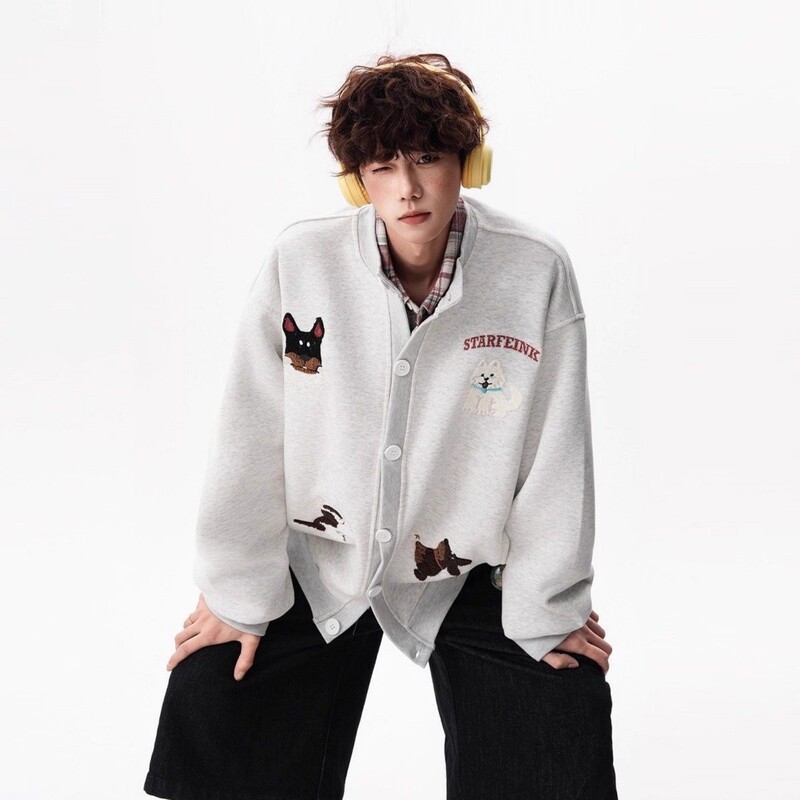 American-Style Fun Towel Embroidery Lazy Sweatshirt Cardigan for Men and Women, Autumn Design with Fleece, Loose Baseball Jacket American-Style Fun Towel Embroidery Lazy Sweatshirt Cardigan for Men and Women, Autumn Design with Fleece, Loose Baseball Jacket