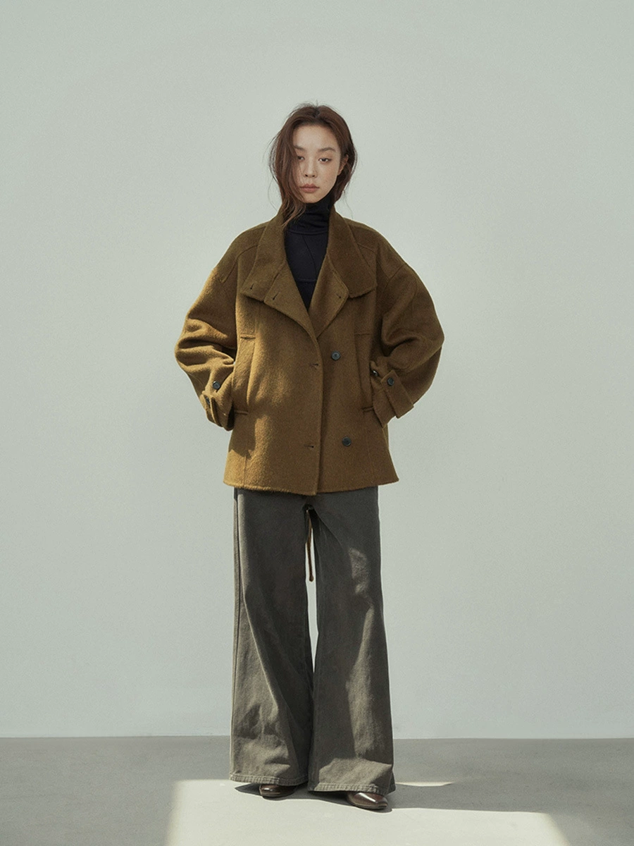 Short double‑side wool jacket, women's retro winter leisure, belted, one size