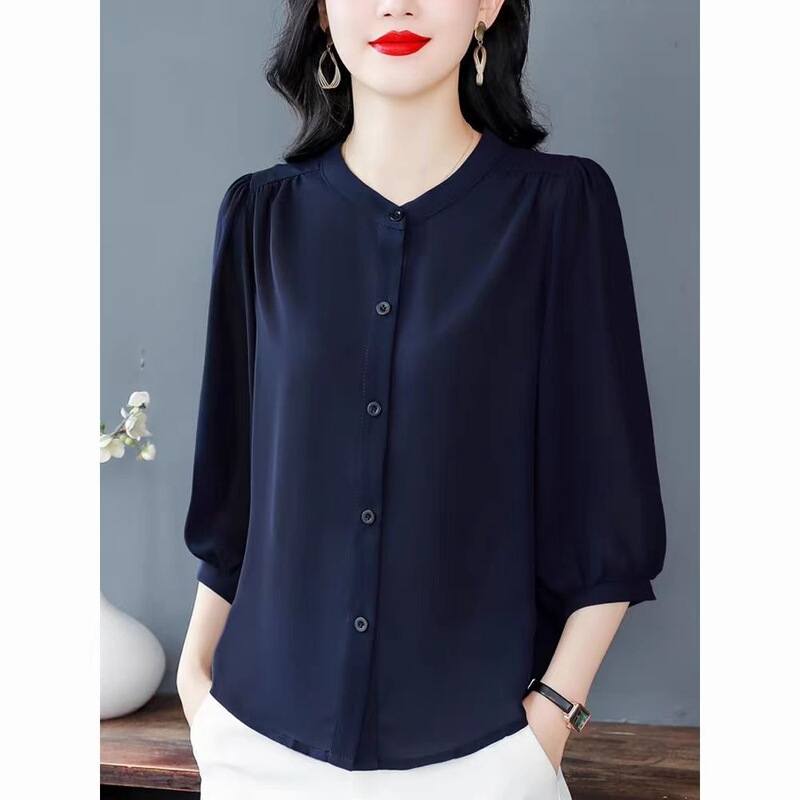 Summer new style round-neck slim-fit top, solid color, Korean style, plus size, mother's wear, women's shirt, tummy-concealing Summer new style round-neck slim-fit top, solid color, Korean style, plus size, mother's wear, women's shirt, tummy-concealing