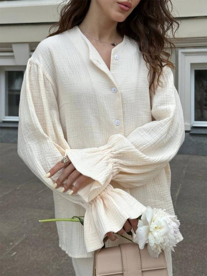 Bộ cardigan dài tay + quần ống rộng tay đèn lồng chất liệu cotton — màu hồng, màu đen, quả mơ chi tiết 15