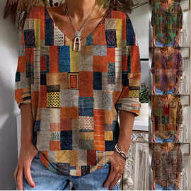 跨境独立站亚马逊春夏季女士上衣欧美复古民族风印花长袖T恤pod