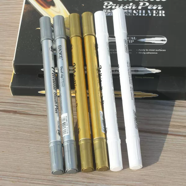 Baoke 2960 Double Head Metal Marker Pen Gold silver White Sign Pen Soft Head DIY Graffiti Drawing Pen