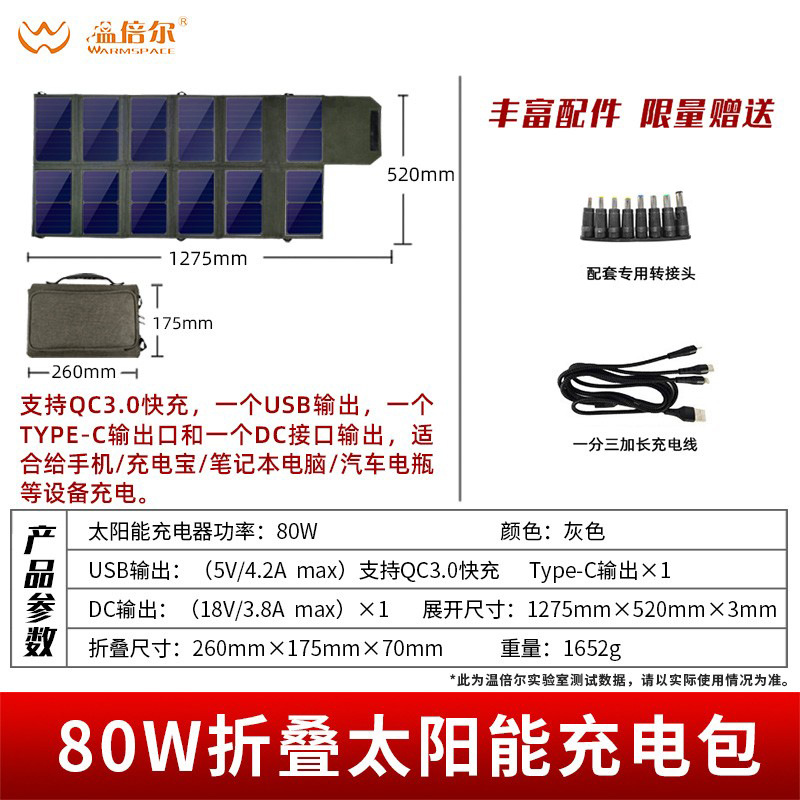 회색 고효율 80W 이중 전압 5V/18V 태양 전지판은 접은 후 A4 크기입니다.