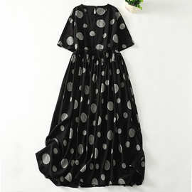 日韩现货2025文艺复古女夏新款娃娃连衣裙圆领宽松长裙