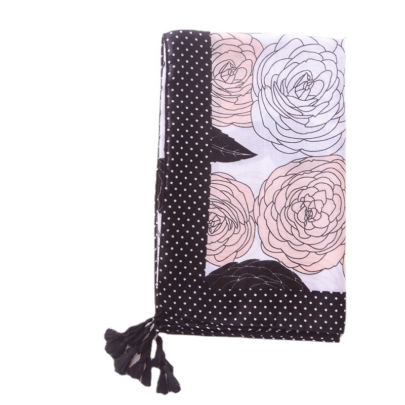 Europa y América bufanda delgada larga protector solar chal tamaño punto floral impreso algodón y lino sensación trenza borla bufanda