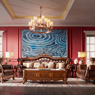 European and American Style Genuine Leather Sofa Set with Solid Wood Carving, Luxurious Living Room Furniture for Large Villas, Whole House Furniture Customization, Light Luxury