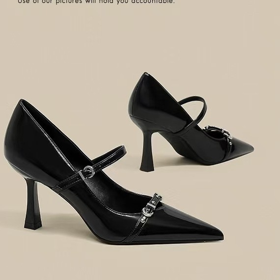 2025 Fall New Black Elegant Single-Strap Stiletto High For Women, Niche Metal Buckle Pointed Toe Shallow Heels_vogvips.com