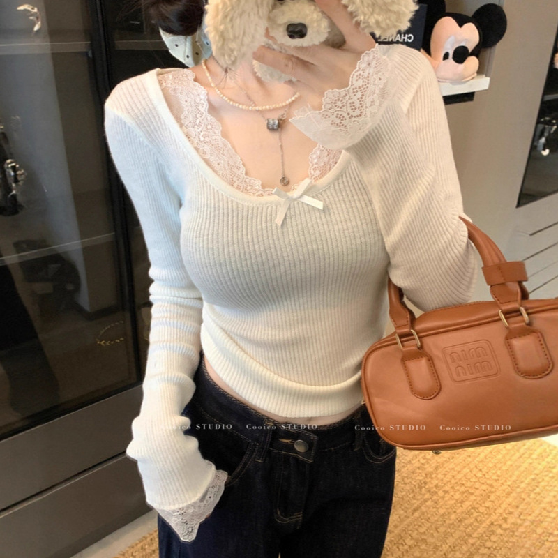 Lace Splicing Knitted Knitwear Long-Sleeved Women's Autumn and Winter New Slim-Fitting Pure Lust Style Inner Layering Outer Top with Chest Pad