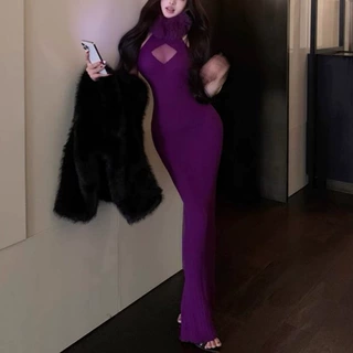 气质名媛风女装性感时尚挂脖毛毛领针织连衣裙收腰显瘦包臀裙子