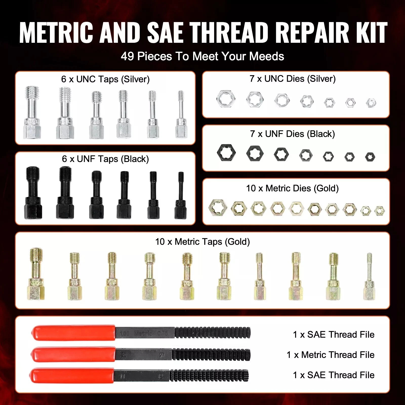 49-Piece Set of Thread Repair Tools, Damaged Thread Cleaning Tools, Tap and Die Repair Tools