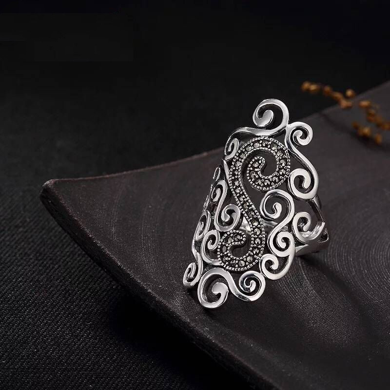 Vintage Palace Silver Plated Hollow Note Personalized Marksey Open Loose Mouth Women's Ring Middle Finger Ring