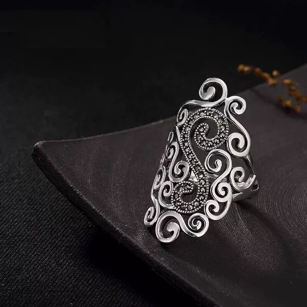 Vintage Palace Silver Plated Hollow Note Personalized Marksey Open Loose Mouth Women's Ring Middle Finger Ring