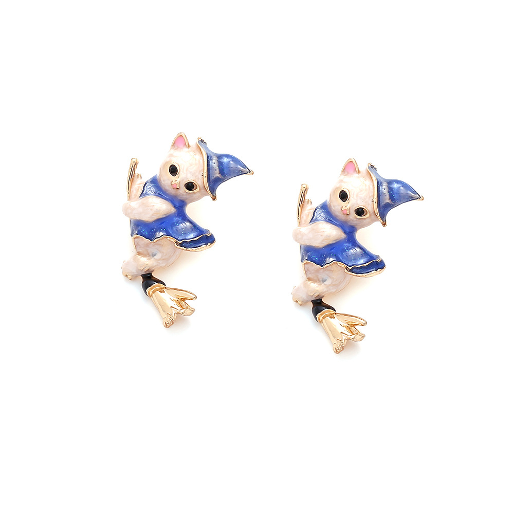 Cat Pattern Women's Gender 1 Pair Cute Cat Enamel Inlay Zinc Alloy Rhinestones Ear Studs