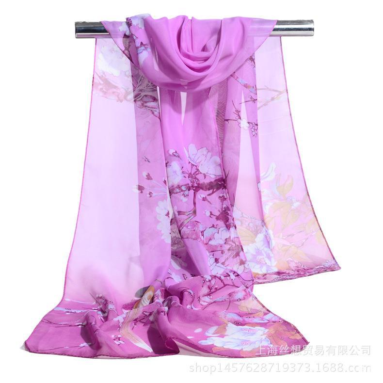 新款鸟儿报春图印花雪纺丝巾女士圣诞节送朋友妈妈老婆的礼物围巾