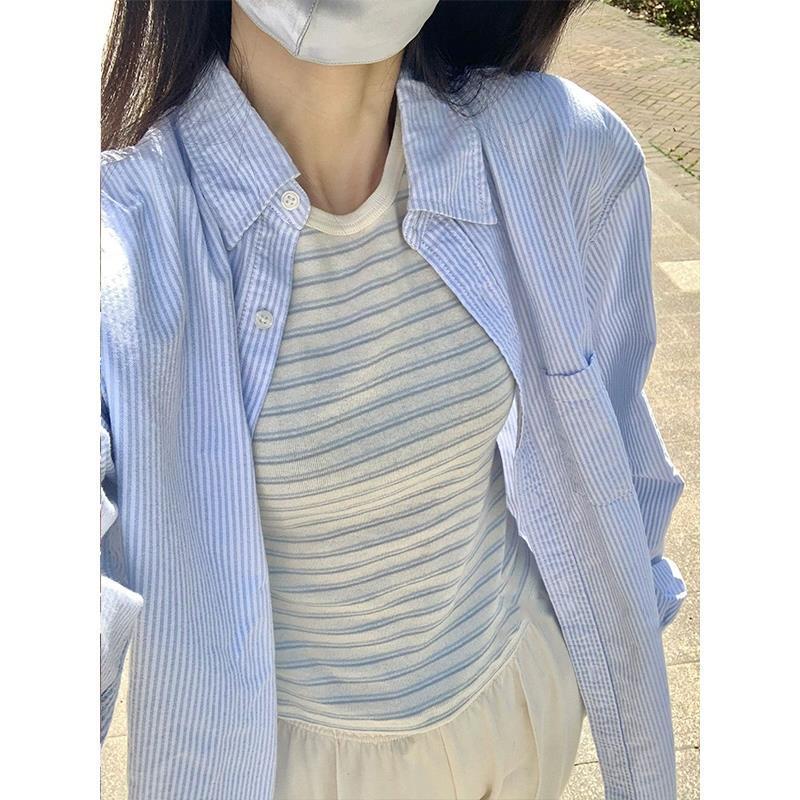 Summer Cotton Blue Stripesd Shirt for Women Hong Kong Style Chic Niche French Top Long-Sleeved Shirt Women's Jacket Sun Protection