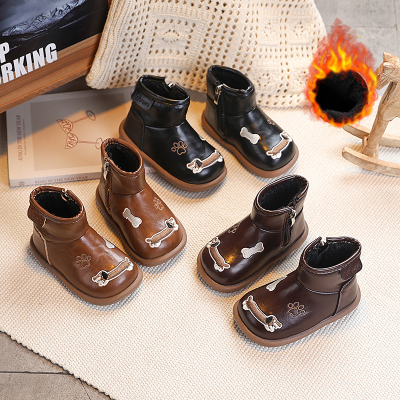 Children's Boots Thickeneded Lamb Wool Winter Baby Warm Boots Fleece-Lined Small Leather Boots Cartoon Kidsren's Short Boots