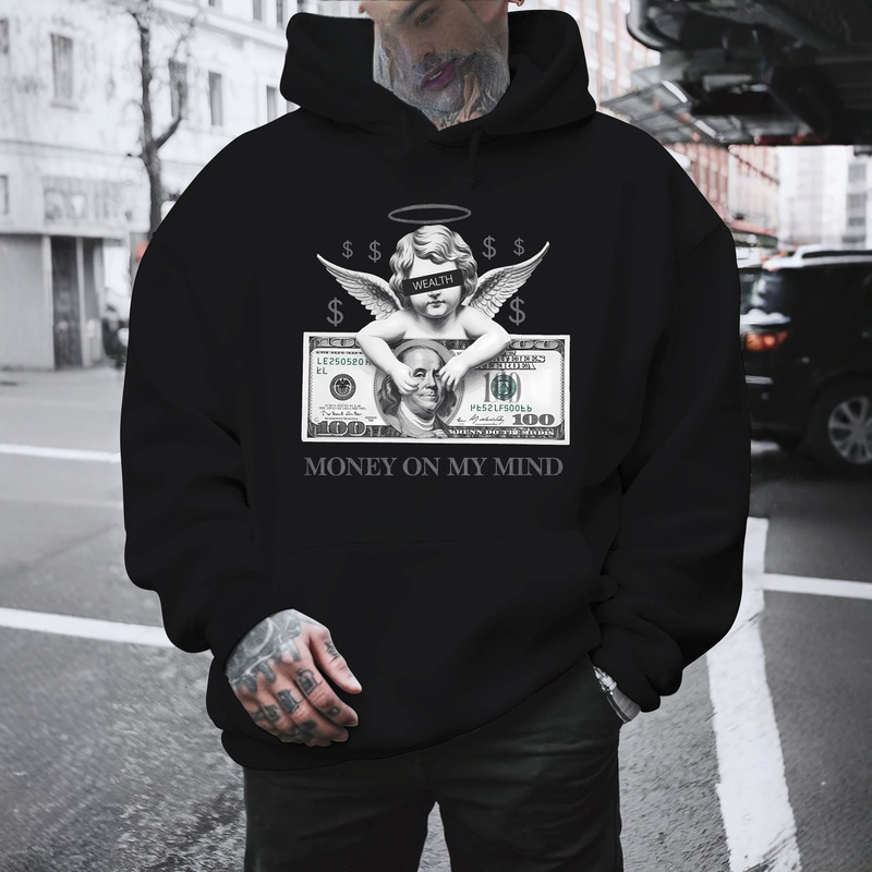 Money Angel Banknote Print Hooded Sweatshirt American High Street Retro Trend Pattern Loose Men's Pullover Hoodie Money Angel Banknote Print Hooded Sweatshirt American High Street Retro Trend Pattern Loose Men's Pullover Hoodie