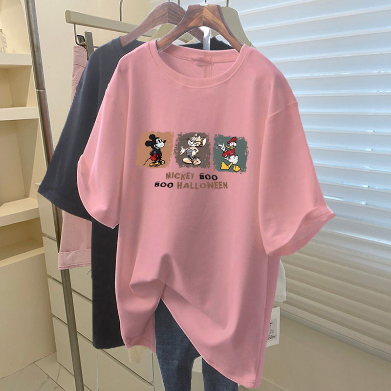サメパンツ付き純綿半袖Tシャツレディースミドル丈ゆったりカジュアル大きいサイズトップスピンクボトムシャツ夏|undefined