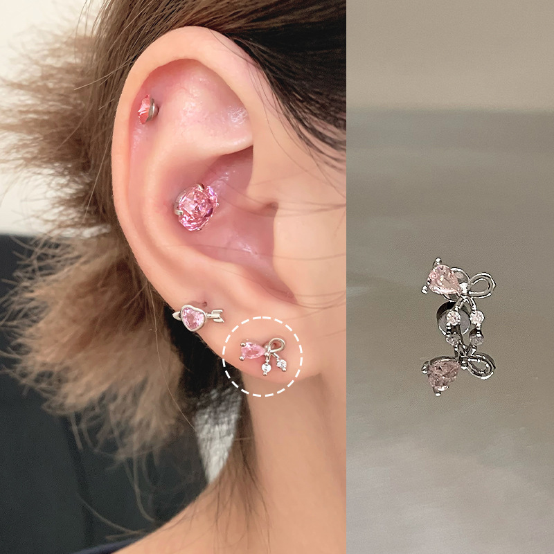 ピンク耳骨ネイルコレクション、ジルコン耳ネイル、医療用チタン鋼蝸牛ネイル、耳ピアス、耳骨ネイル、イヤリング、平底スパイラル|undefined