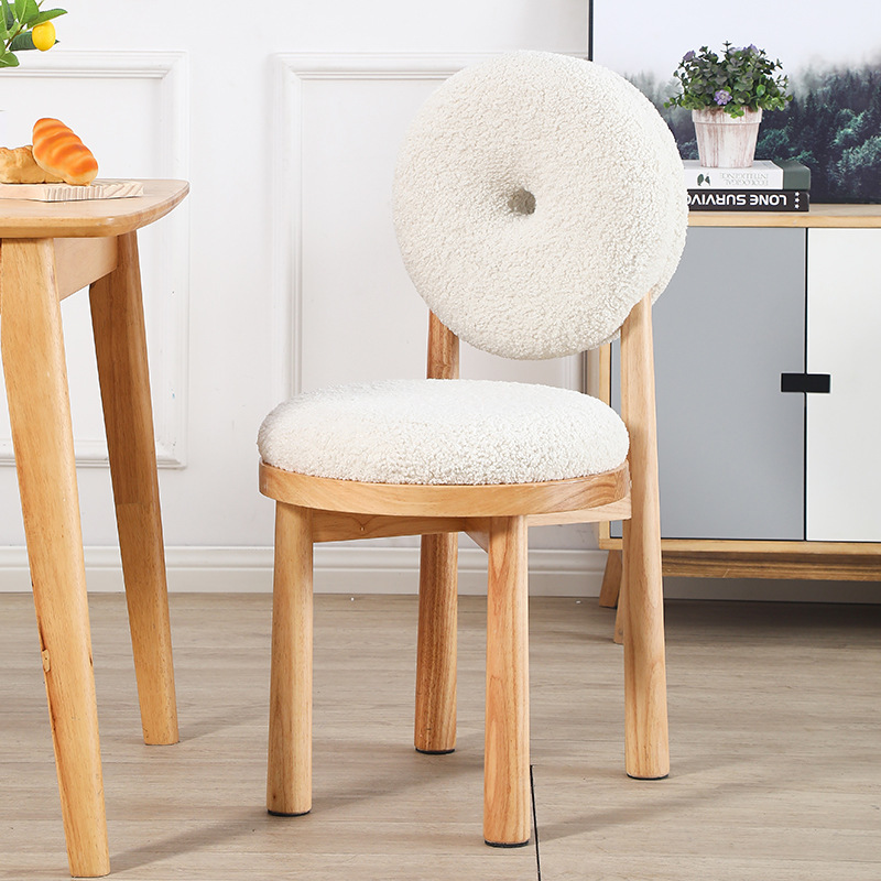 Nordic Designer Chair, Backrest Chair, Donut Makeup Chair, Lambswool Chair, All-Solid Wood Dining Chair, Cream Style, Light Luxury