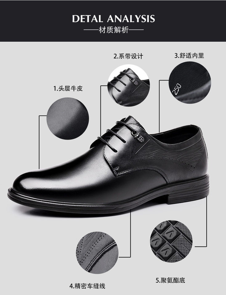 Giày da bò lớp đầu nam công sở đế mềm, mũi nhọn, dây buộc, gót thấp 1–3 cm — 21599 nâu, 21599 đen, Màu đen chi tiết 7
