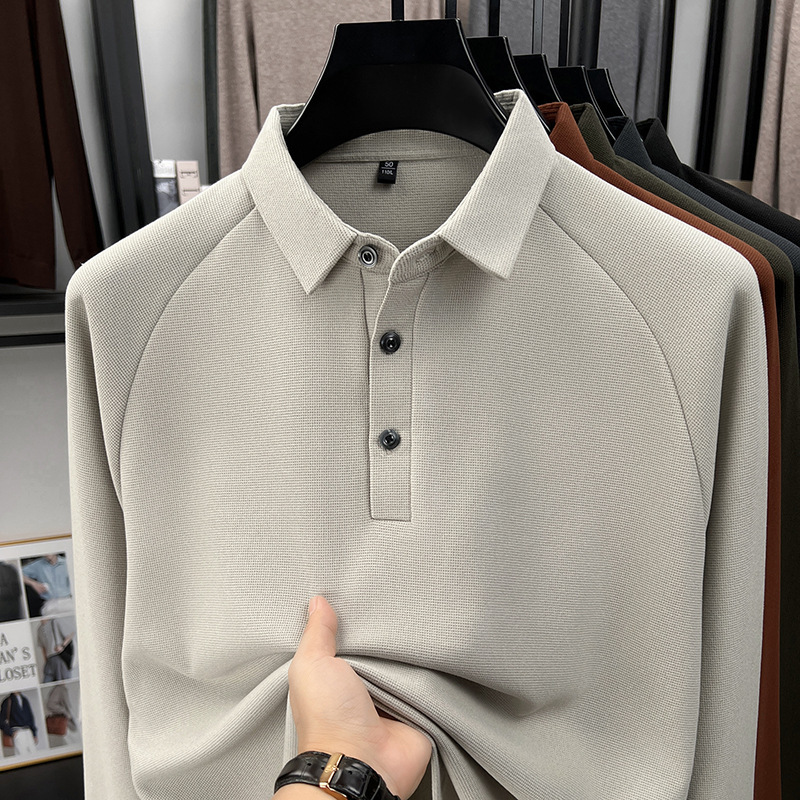 Men's Raglan Long Sleeve Polo Shirt, New Autumn Business Casual Turn-down Collar T-shirt, Solid Color Loose Versatile Top for Men