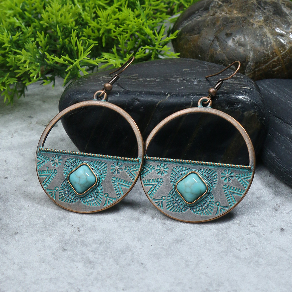 1 Pair Hip-Hop Retro Solid Color Inlay Alloy Turquoise Drop Earrings display picture 5