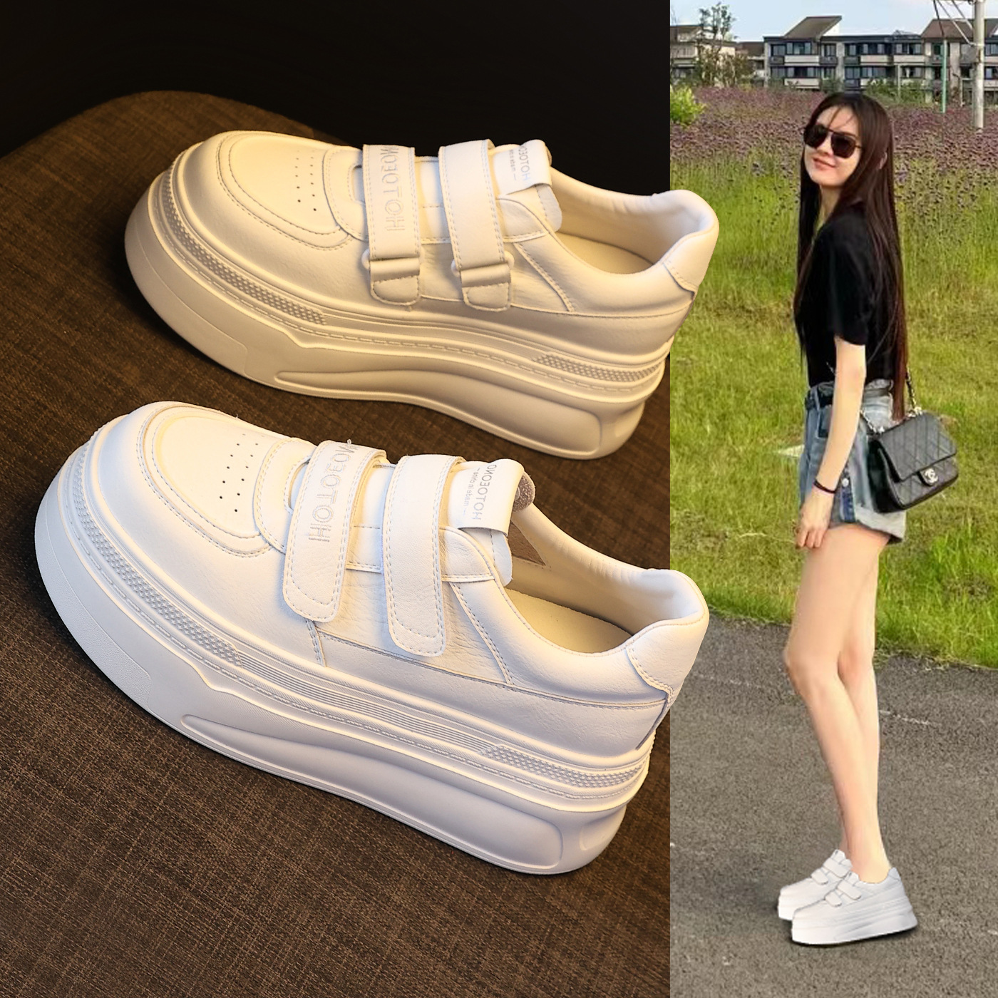Giày sneaker nữ đế dày tăng chiều cao bên trong, dán thể thao, phong cách trắng đa năng — màu trắng