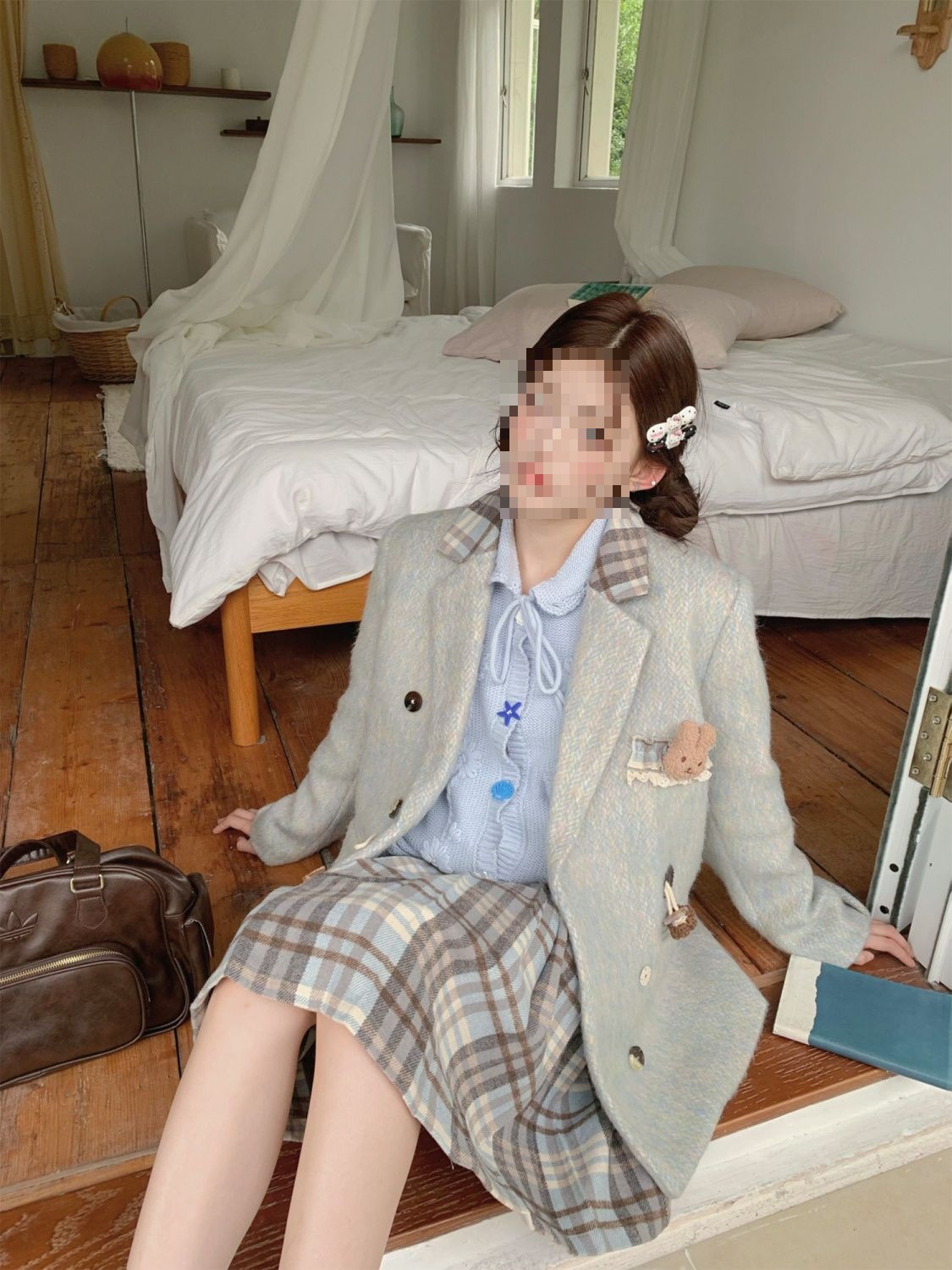 泉野薰冬季新款格纹毛呢西装半身裙套装学院风小众感呢子外套