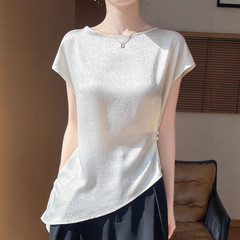 夏の女装フランス酢酸サテン不規則上着半袖高級感一字襟シルク上着tシャツ女
