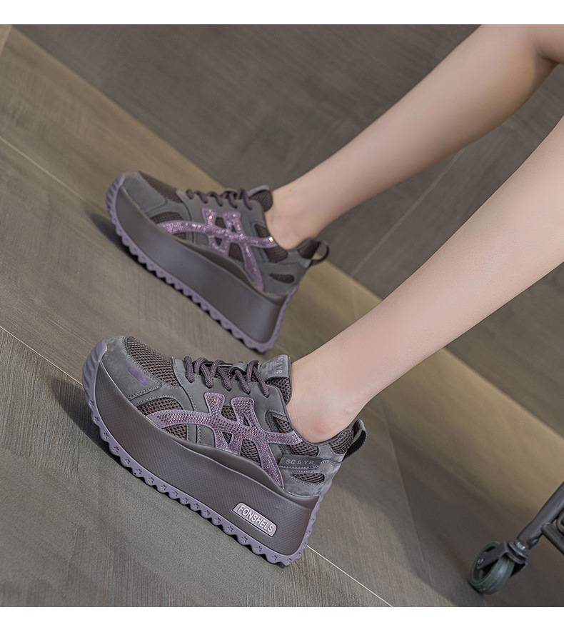 Giày sneaker nữ đế dày phong cách retro dành cho người dáng nhỏ, giày dad hot trend thu 2026, tăng chiều cao — M2933-1 màu xám đính kim cương, M2933 màu đen, M2933 màu nâu, M2933-1 màu đen đính kim cương chi tiết 13