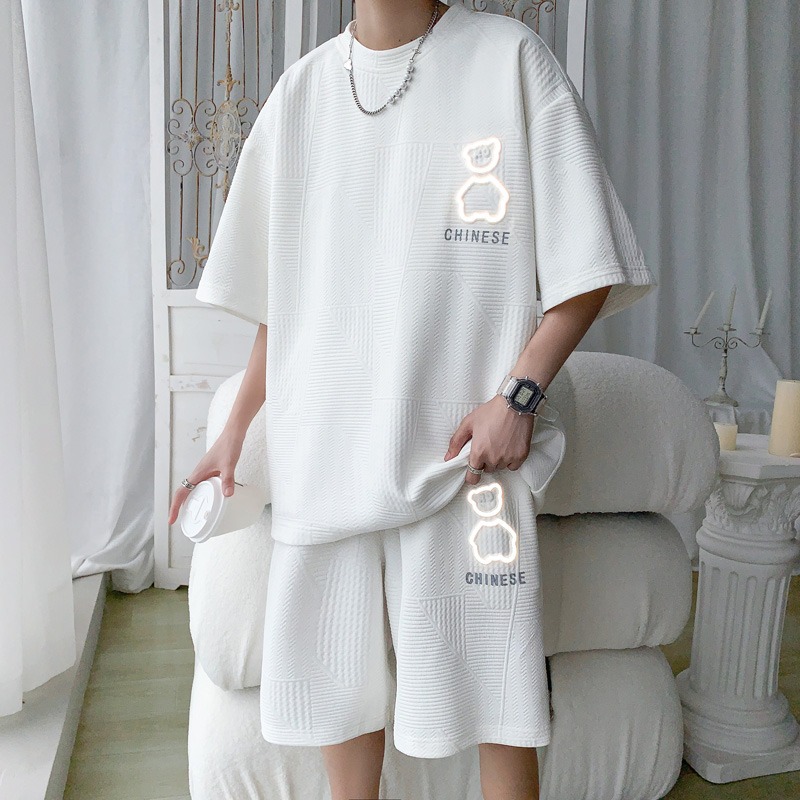 Source Fabricante Waffle Traje deportivo de ocio Oso de los hombres Verano suelto Adolescente Tops de manga corta Pantalones cortos