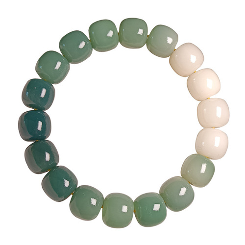 Hand-held Green Yin Leather Men's Buddha Bead Root Bracelet Women's Gradient Bracelet Wen Play Bodhi Seed Play Finger Wrap Soft White Jade Bodhi