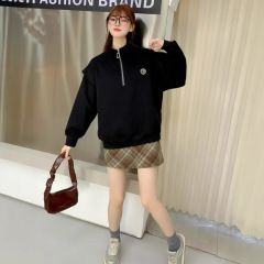 女性用ラペルレトロスウェットシャツ、日本と韓国のシンプルなカレッジスタイル、ルーズショートスタイル、スリムスポーツカジュアルトップス、ファッショナブルな刺繍