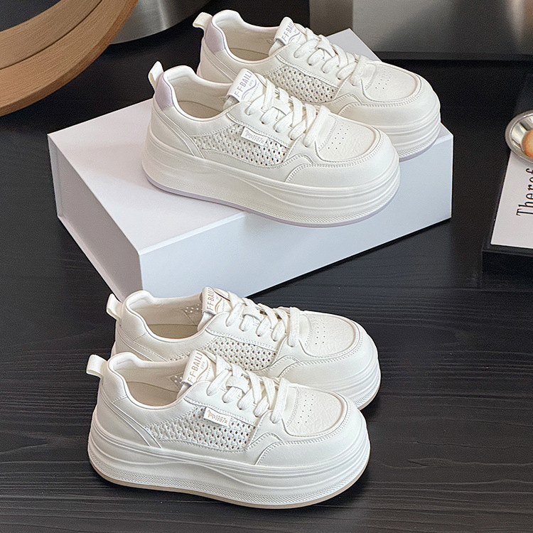 Hollow-Out Woven Genuine Leather White Sneakers for Women, 2026 Spring/Summer New Style, Breathable and Comfortable Women's Shoes, Thick-Soled Casual Height-Increasing Sneakers