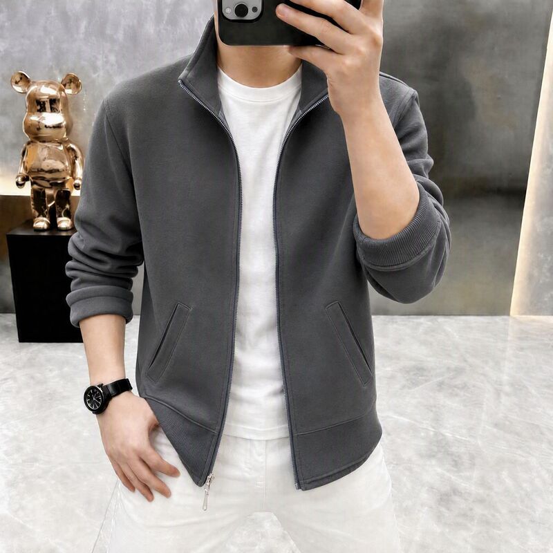 High-end light luxury spring and autumn new men's stand-up collar business casual cardigan sweatshirt, trendy and stylish loose jacket