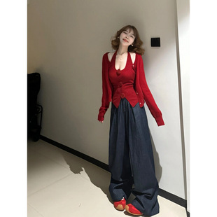 Flower Neck Strap Vest Knitted Long Sleeve Cardigan Two-Piece Jeans Three