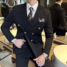 新增黑色~高品质西服戗驳领双排扣纯色西装三件套男