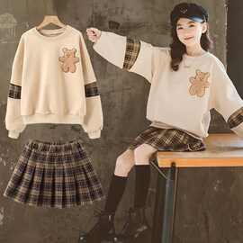 女童套装2025新款女童连衣裙女孩学院洋气中大童童装格子裙两件套