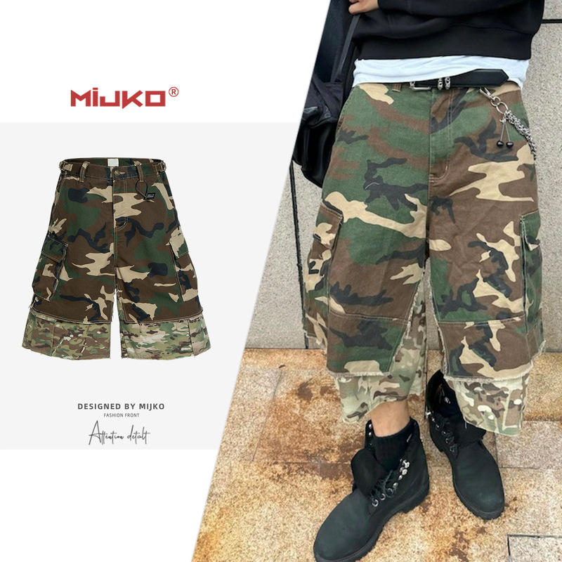Mijko Men's and Women's Spring/Summer New Silhouette Faux Two-Piece Camouflage Color-Block Denim Shorts with Whiskered Hem Design