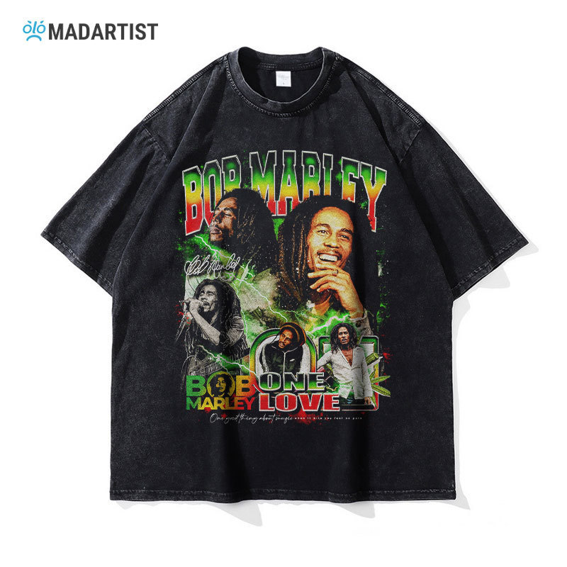 Madartist Bob Marley T-Shirt Bob Marley Washed Distressed Hip Hop American Retro Men
