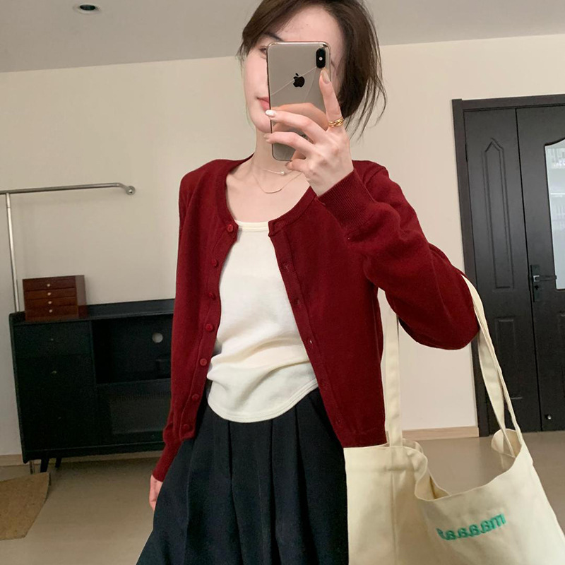 春秋季薄款小个子外搭长袖针织开衫上衣早秋chic红色毛衣短外套女|undefined