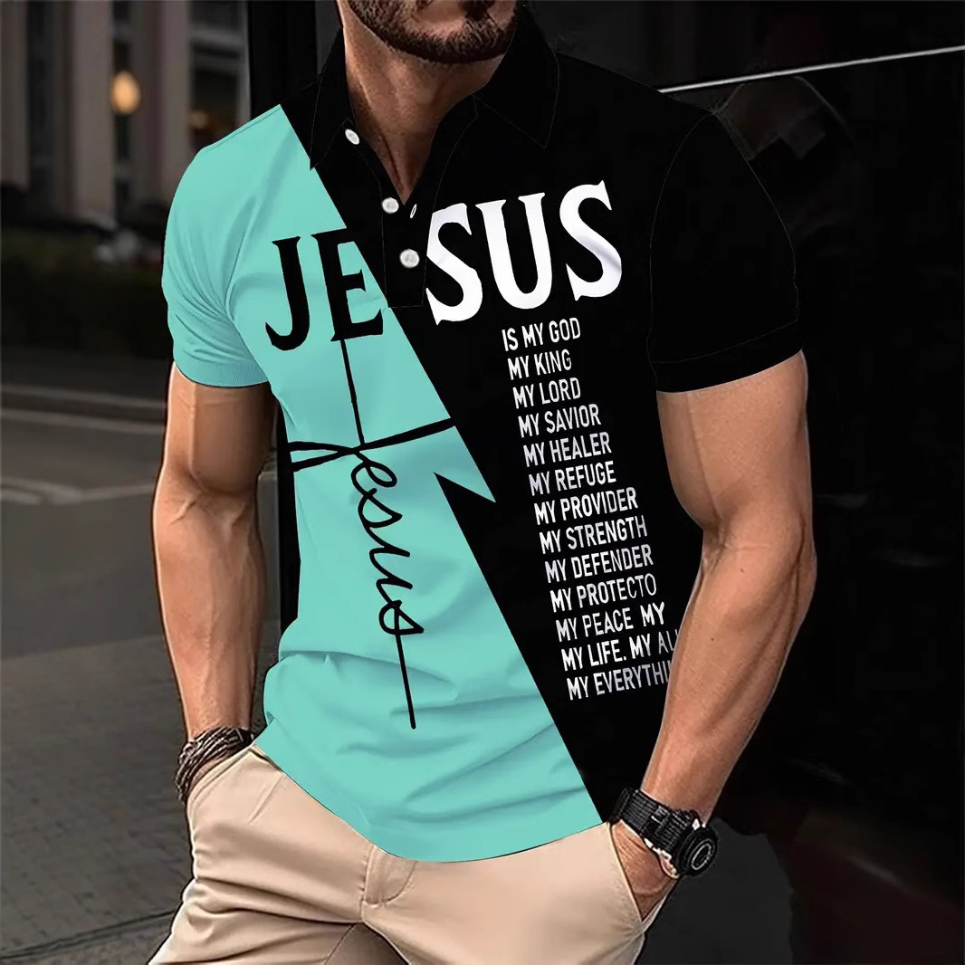 Hombre europeo y americano casual transfronterizo delgado hombre letras a juego de colores impresión digital solapa de manga corta poloMB13