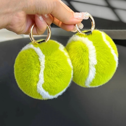 [Cute Little Tennis] Real Rex Rabbit Fur Tennis Car Keychain Pendant Ins Plush Ball School Bag Pendant