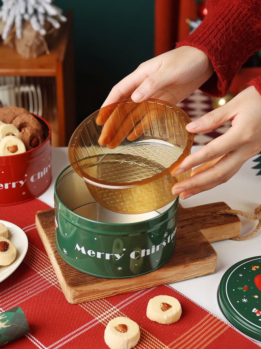 Caja de hierro soporte interno soporte de plástico soporte de dulces galletas de plástico caja de bocadillos soporte inferior envasado de horneado de alimentos redondos