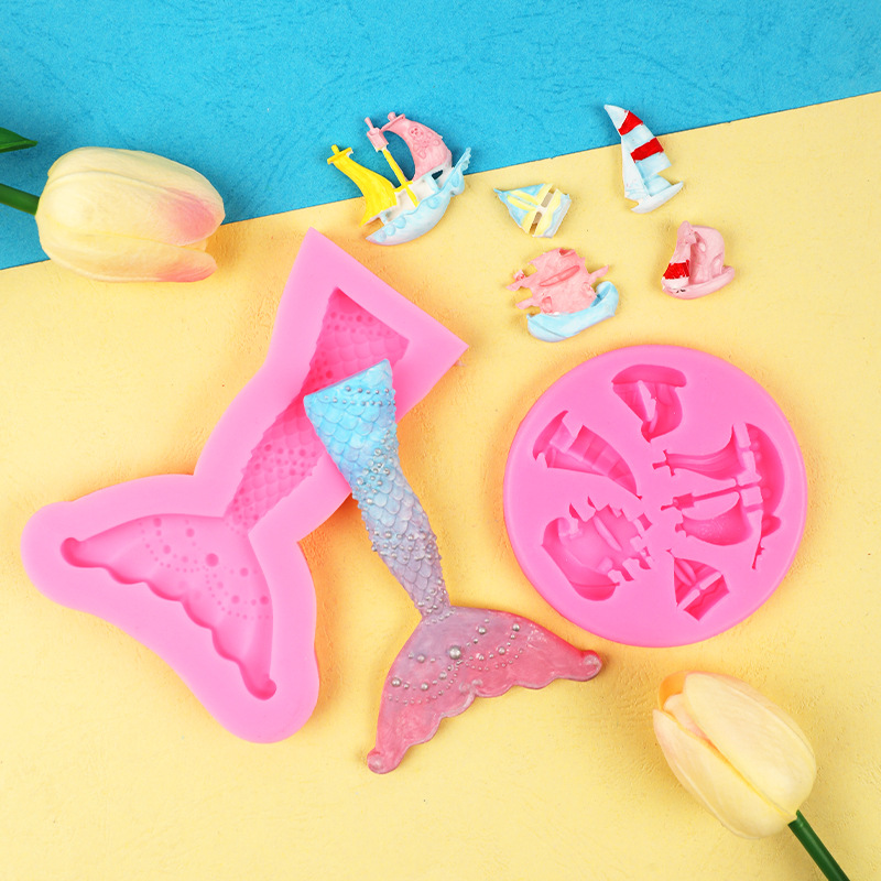 Cola de sirena Barco Pirata barco fondant cake chocolate líquido decoración molde DIY para hornear