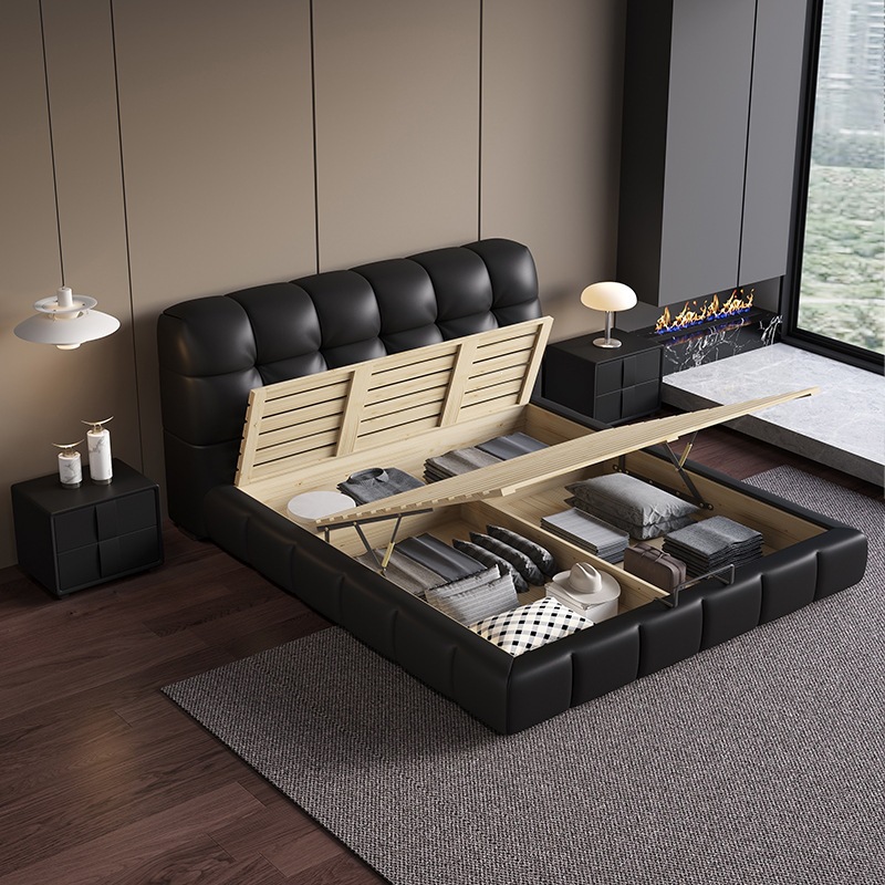 Fábrica directa italiana cama minimalista nueva cama puff negro 1.8m cama doble doble dormitorio principal caja alta moderna simple