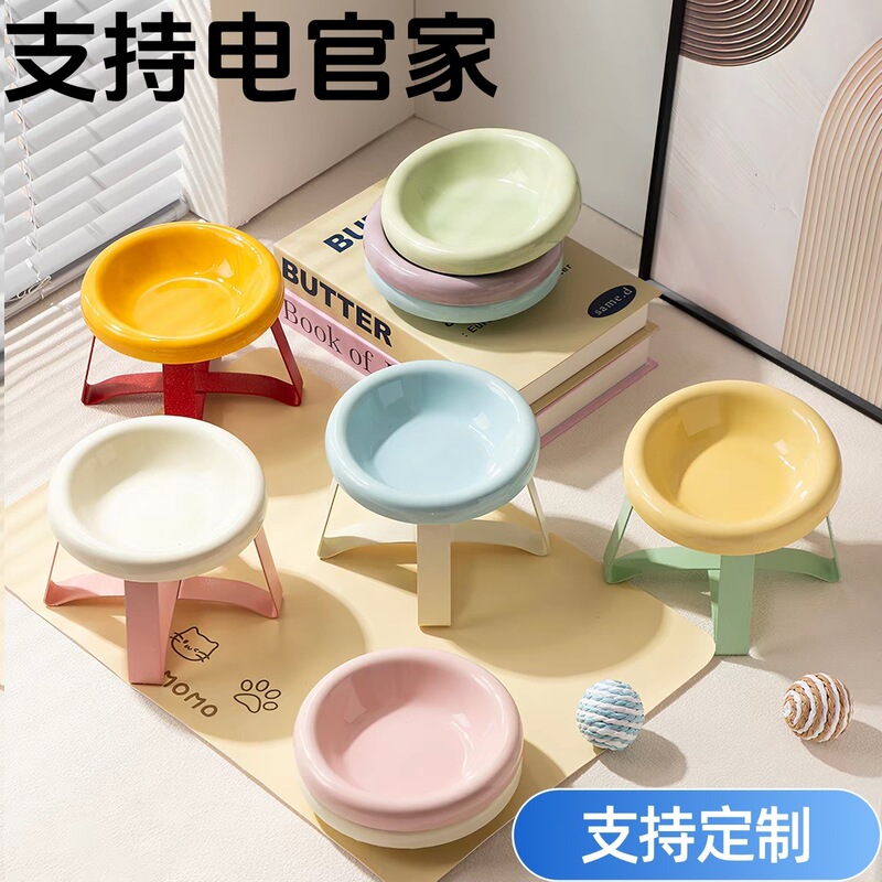 Ceramic Cat Bowl with Underglaze Color, Safe Macaron Pet Food Bowl, Elevated Neck-Protecting Bowl Stand, Anti-Spill