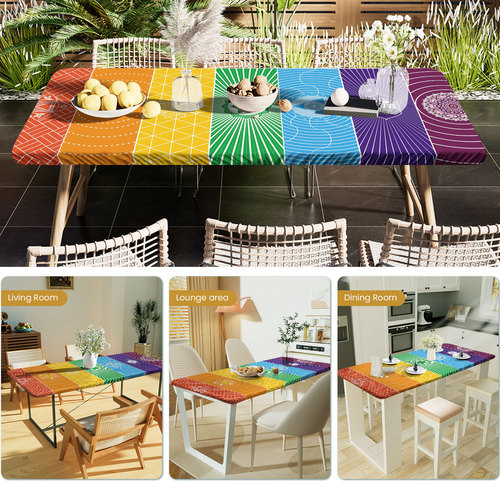 A geometric pattern windproof and dustproof tablecloth cover for dining table, picnic table, outdoor table, all-around elasticized edge